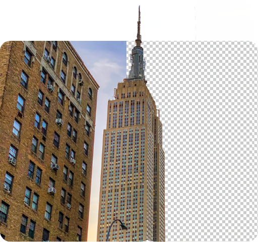 Partial view of the Empire State Building and another building. The right side of the image's background is transparent.