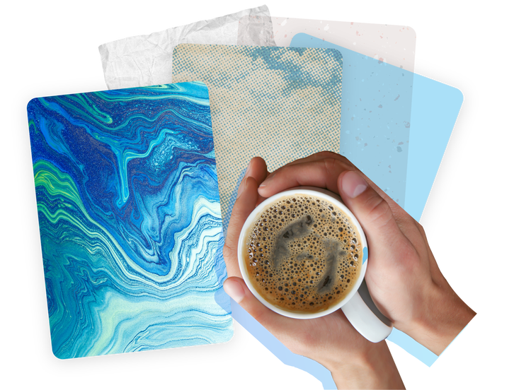 Collage featuring two hands holding a cup of coffee, a blue abstract painting, and image filters.