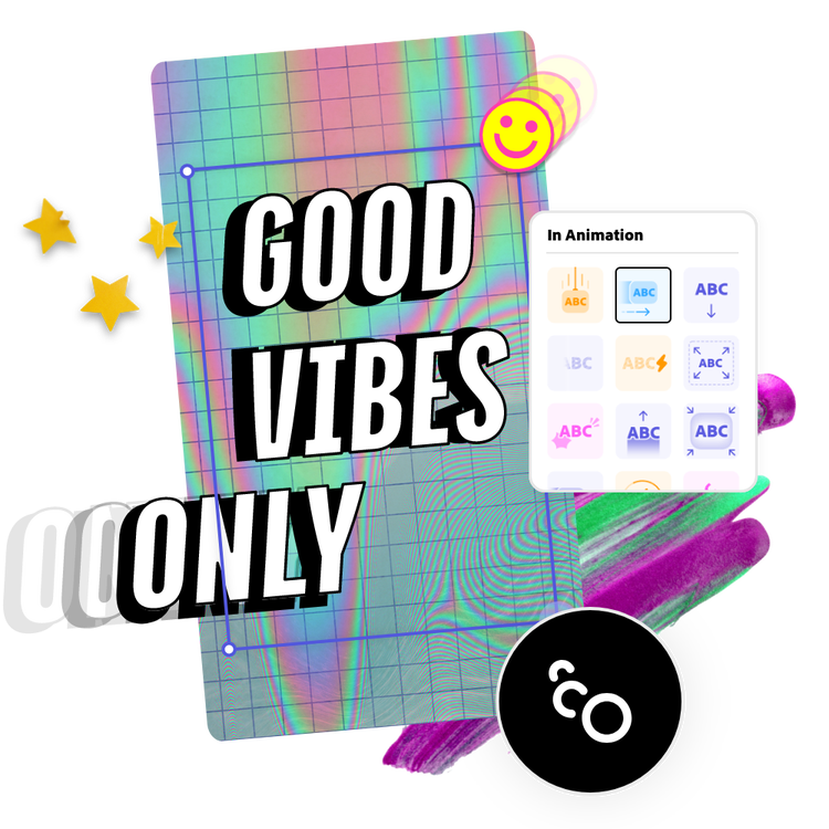 Graphic elements, icons, and a social media post featuring the text "Good vibes only".