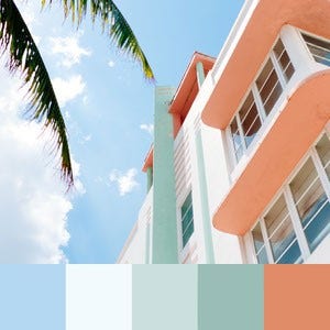 A color palette created from an image of a building reaching upward toward the sky with palm fronds