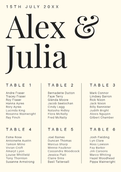 A black and white wedding seating chart