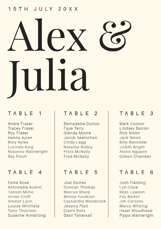 A black and white wedding seating chart