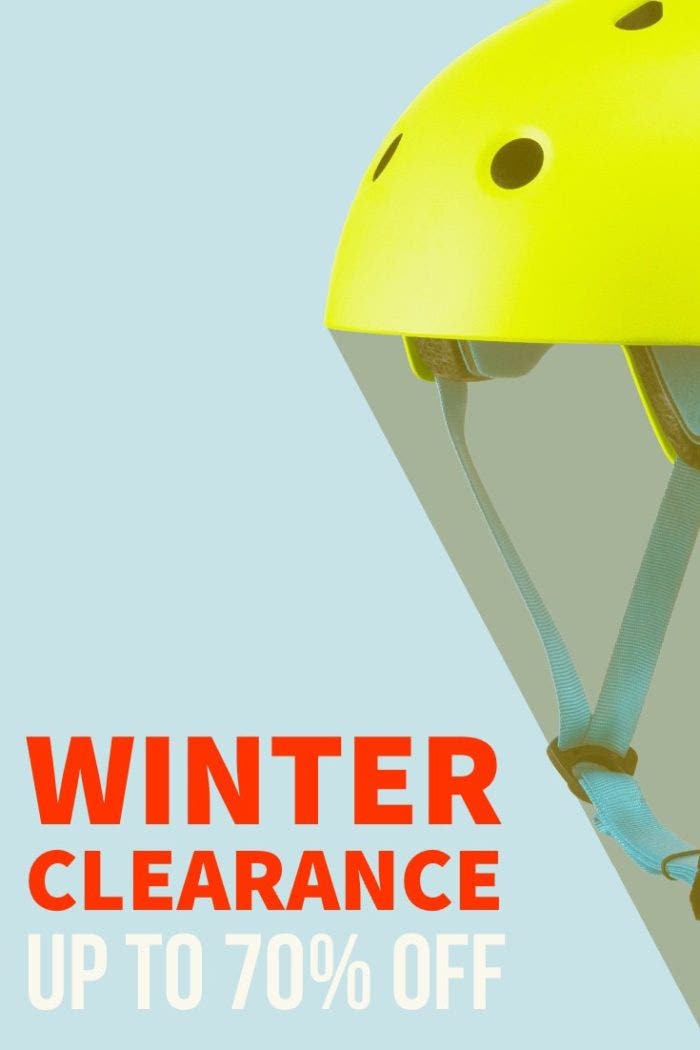 Winter clearance poster featuring a helmet.