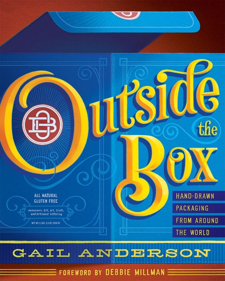 A book cover with swirling yellow type on the image of a blue box, resembling the packaging of a pasta box.