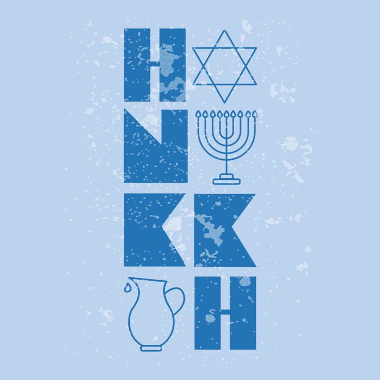 Hanukkah Instagram post written in blue graphic letters with a star of david, menorah, and a jug against a light blue background