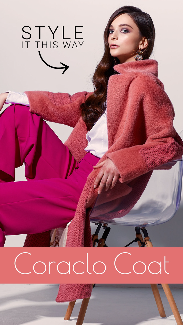 A TikTok social media marketing thumbnail showing how to style a pink coat with a person posing in a chair