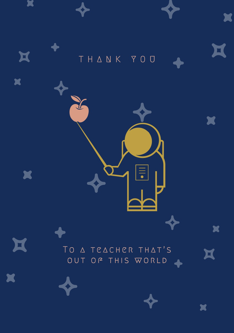 Thank you to a teacher that is out of this world thank you card with an astronaut pointing to an apple in space