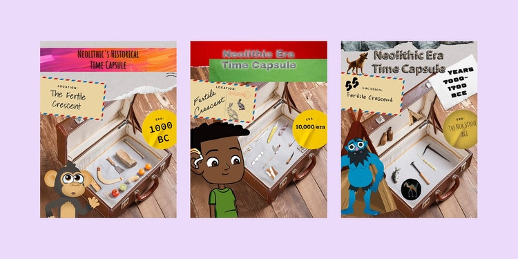 three different versions of a teacher-created model of a time capsule