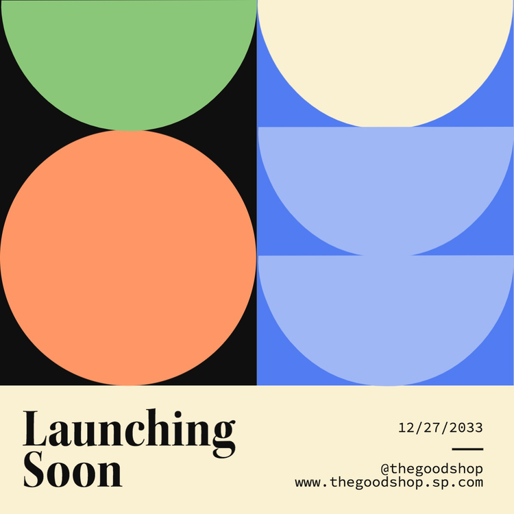 "Launching Soon" Instagram post with date and contact details with graphics of various colored full and half circles