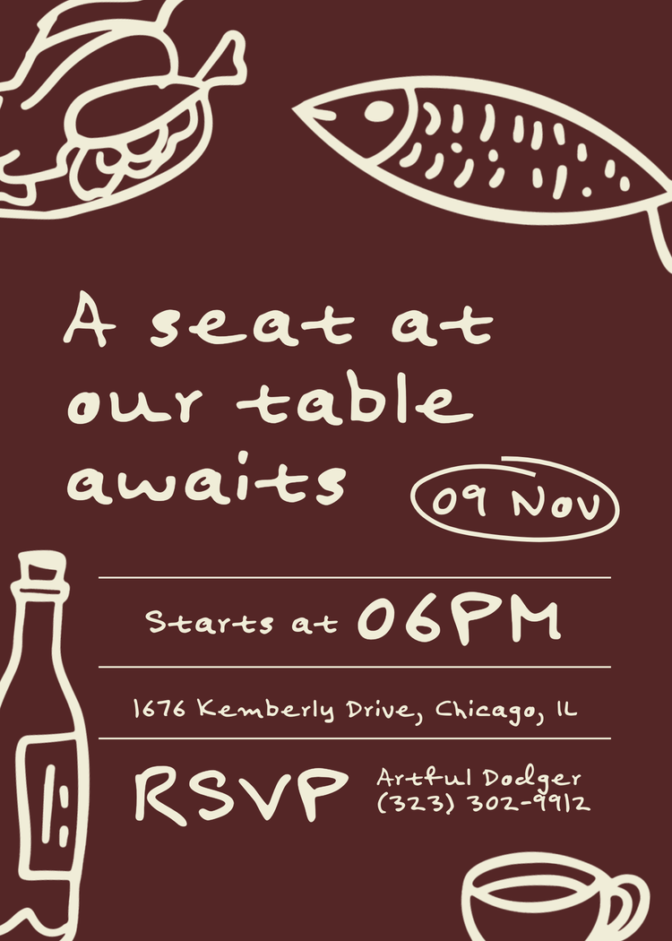 a brown background with drawing of fish, chicken, wine, and handwritten event information