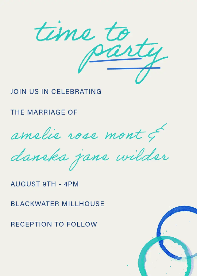 An off-white, teal, and dark blue wedding reception card with event details