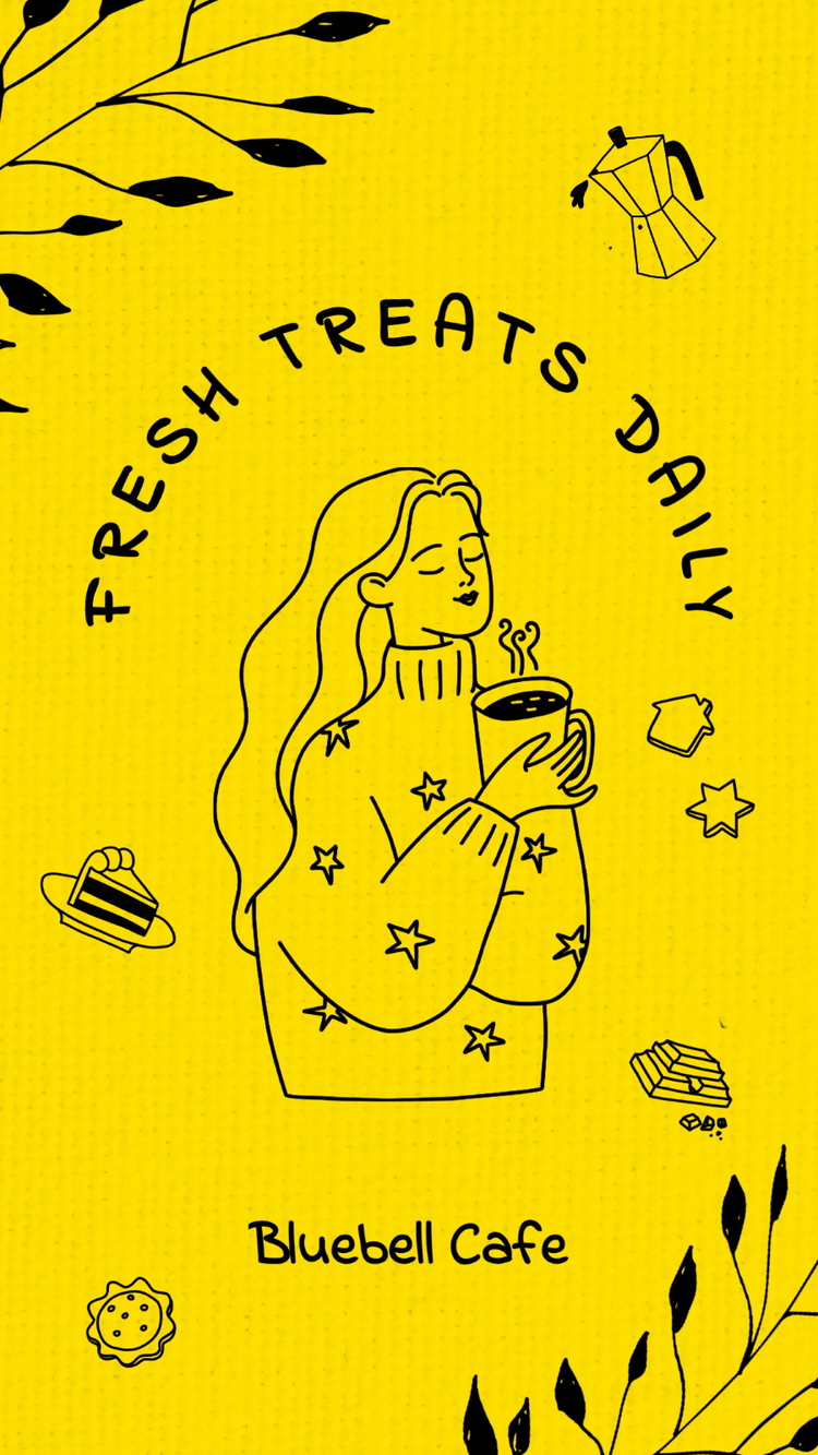 A Facebook Business Page story promoting fresh treats daily at Bluebell Cafe with a graphic of a person holding a hot drink