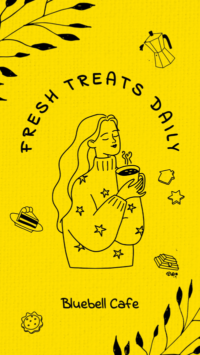 A Facebook Business Page story promoting fresh treats daily at Bluebell Cafe with a graphic of a person holding a hot drink