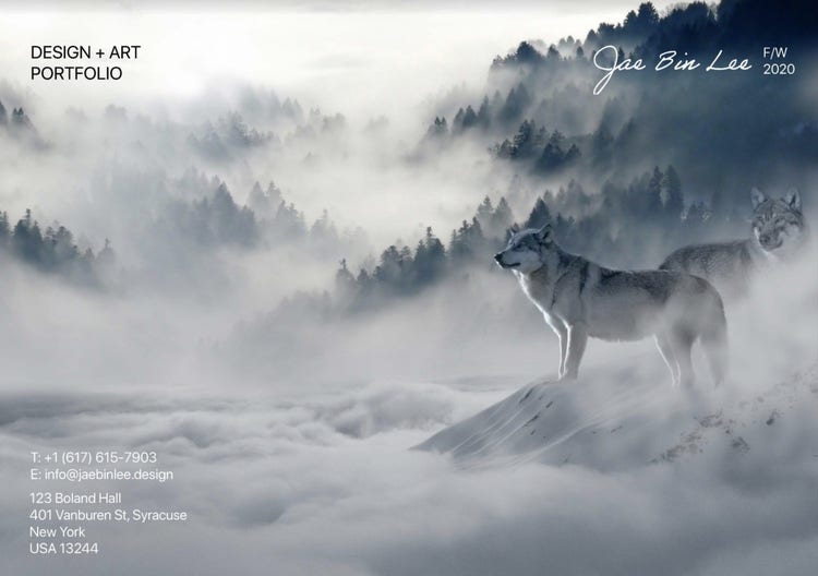"Design + Art Portfolio & contact information" with two wolves standing above clouds with a foggy mountain in the background