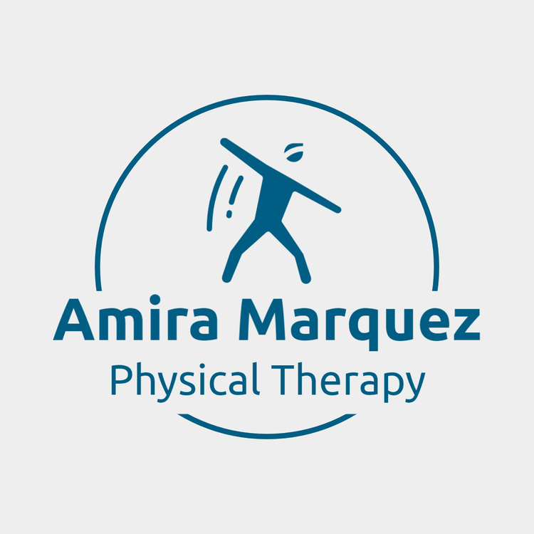 A logo with a sans serif font for Amira Marquez Physical Therapy with an icon of a person moving written in blue