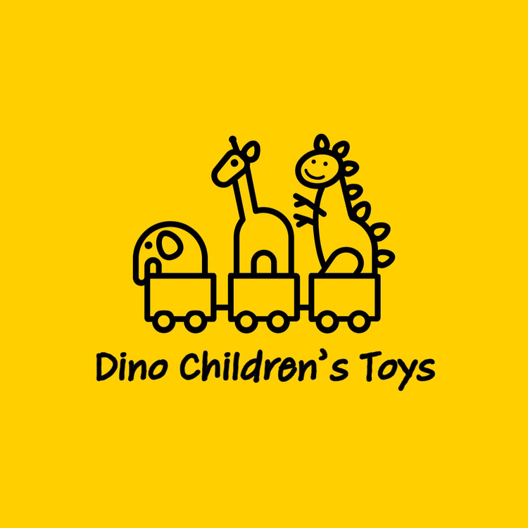 Dino Children's Toys text and icon logo in the font Adobe Handwriting with an icon of an elephant, giraffe, and dinosaur on a toy train
