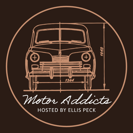 "Motor Addicts" podcast cover art with a sketch of an old car against a brown background