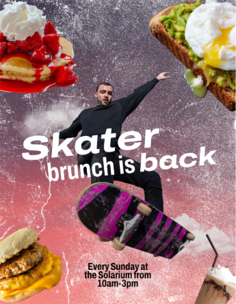 Avocado toast, pancakes with strawberries and whipped cream, a sausage and egg sandwich, and a guy on a skateboard with a gradient background that goes from coral to gray