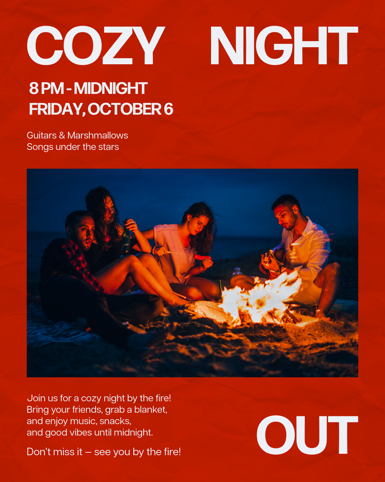 poster with text above with event details and an image of friends around an open fire on the beach