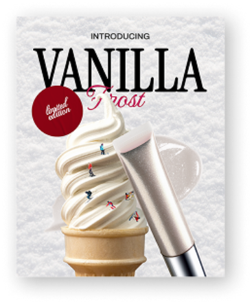 Vanilla soft-serve ice cream cone with small figures skiing on it, next to a shiny lip gloss tube. Text reads “Introducing Vanilla Frost.