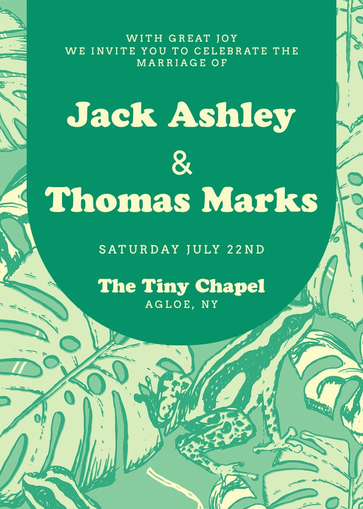 "With great joy we invite you to celebrate the marriage of Jack Ashley & Thomas Marks" wedding invite against a green background with leaves and frogs