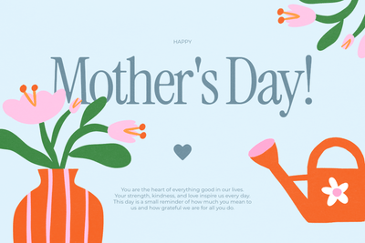 Mother's day template in blue with illustrations of flowers and watering can