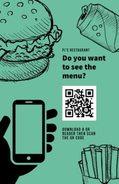 Green image featuring illustrations of food with a QR code to scan to view a menu