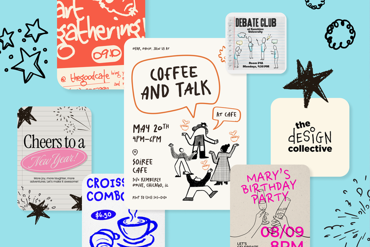 templates showcasing Naive Design over a turquoise background with hand drawn stars and illustrations