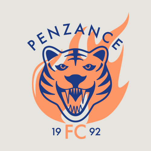 Penzance FC 1992 fantasy football logo with a blue tiger with its mouth open with fangs in front of a red flame