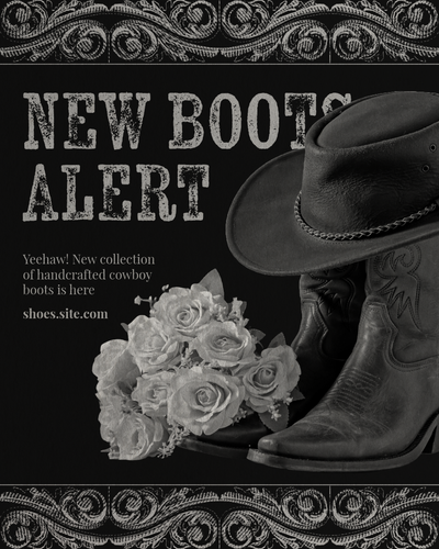 Rugged torn edges, asymmetry and the juxtaposition of roses and cowboy boots and hat