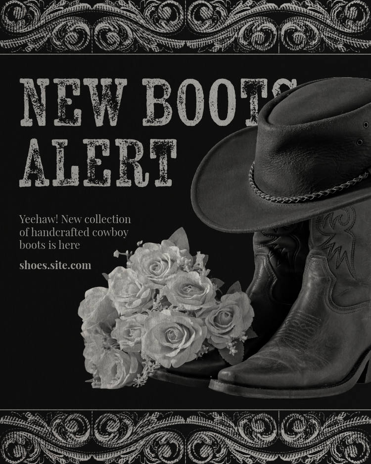 Rugged torn edges, asymmetry and the juxtaposition of roses and cowboy boots and hat