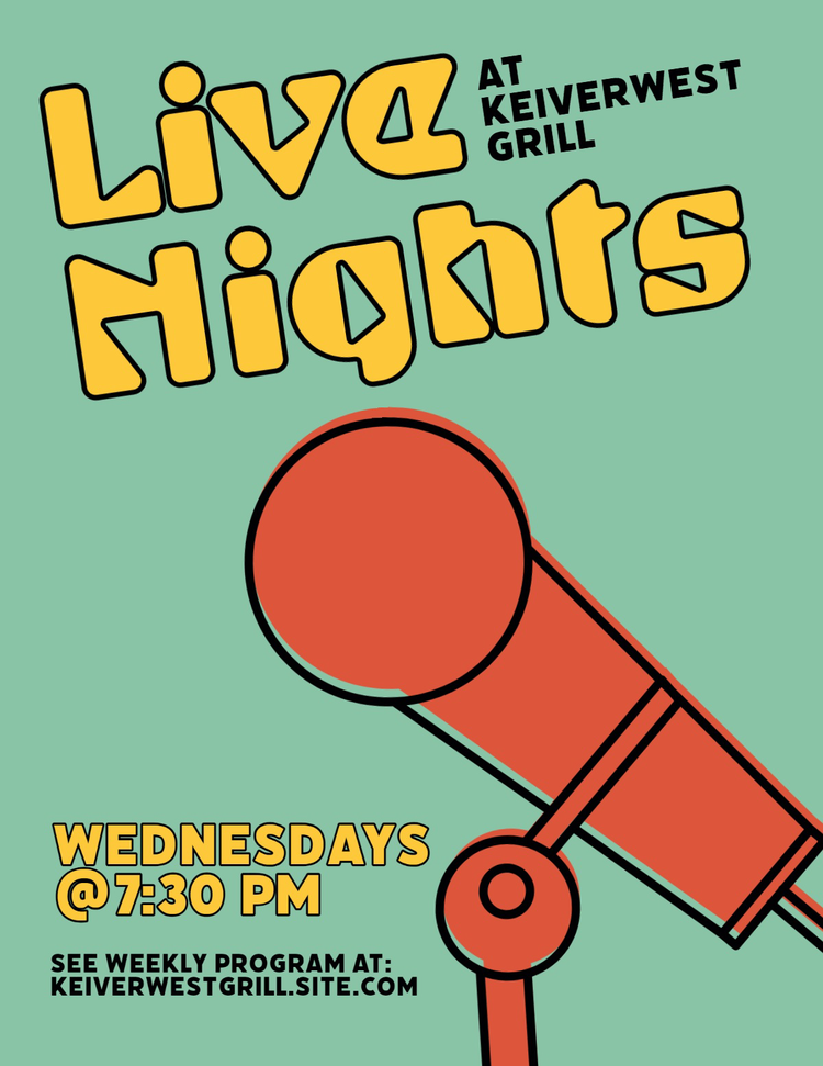 An event flyer for live nights at Keiverwest Grill with a funky header font and clean body text