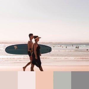A color palette created from an image of two people walking on a pink beach with light blue waves and a grey sky