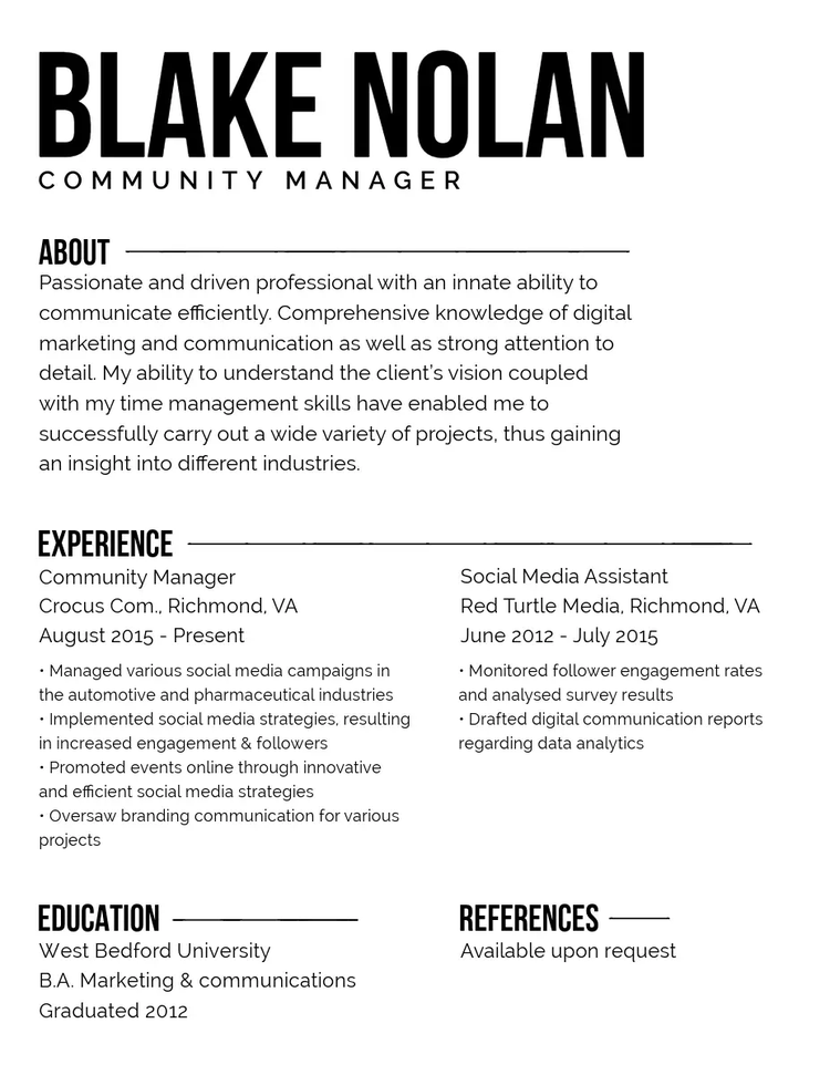 Black and white professional resume for a community manager with a sans serif font