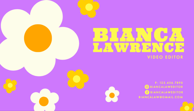 "Bianca Lawrence – Video Editor" business card the Instagram logo icon and username against a pink background with flowers