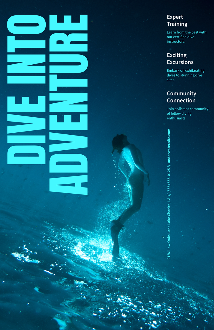 an underwater shot of a swimmer with fins that's diving upward with the words "Dive into Adventure"