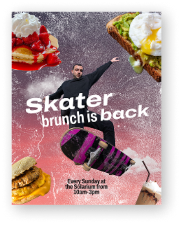 A man on a purple skateboard against a sparkling background, surrounded by brunch foods like avocado toast. Text reads,