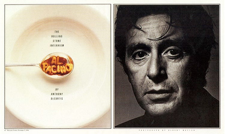 Page one places a spoon with pasta letters reading "AL PACINO" above a shallow bowl. Page two shows a close up portrait of a white man in black and white.