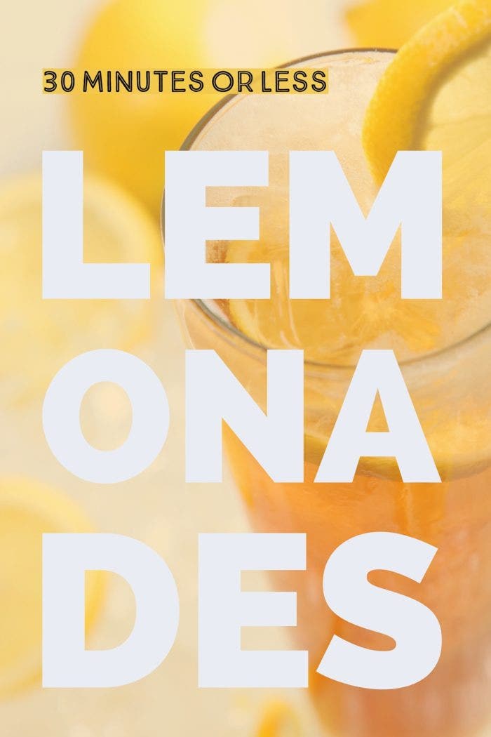 Glass of lemonade, lemons and the text "30 minutes or less lemonades".