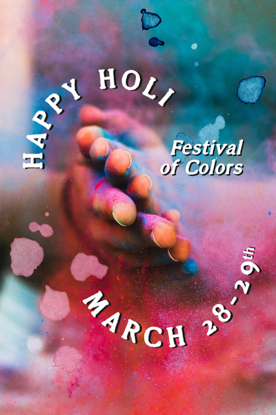 Holi event template featuring photo of hands covered in colored paint