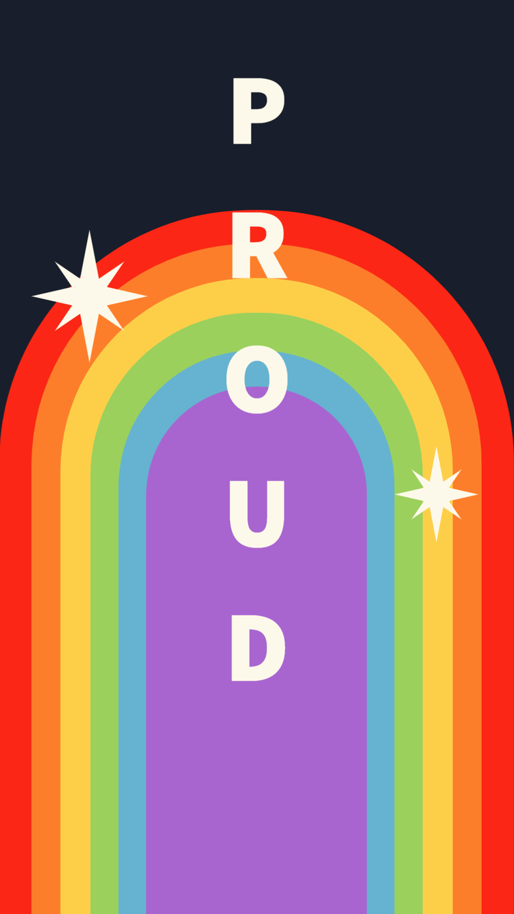 "Proud" extending vertically with a rainbow and a white sparkle against a dark background