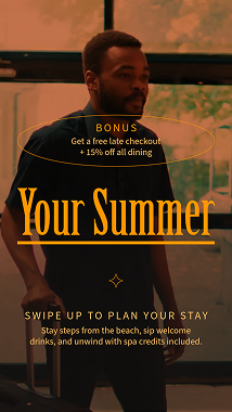 Man with luggage in warm-toned hotel lobby. A symmetrical serif text reads “Your Summer,” promoting special offers for guests.