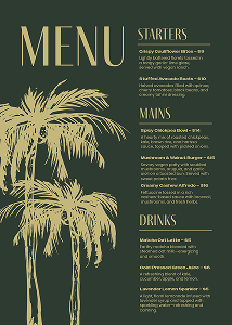 Menu with elegant green and beige design featuring palm tree graphics. A slight serif font lists starters, mains, and drinks.