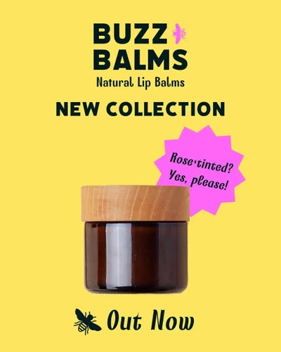 An Instagram post promoting Buzz Balms' new collection of rose-tinted natural lip balms with an image of the lip balm against a yellow background