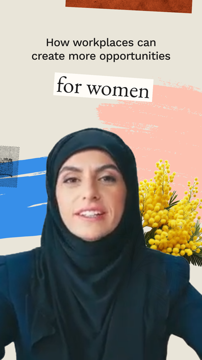 Instagram reel featuring woman wearing a hijab. Text says "How workplaces can create more opportunities for women".