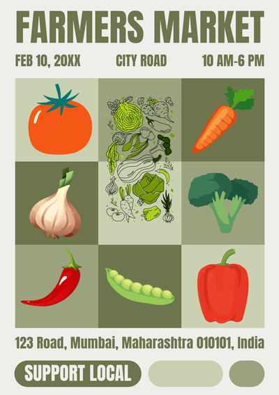 Farmers market template featuring illustrations of vegetables