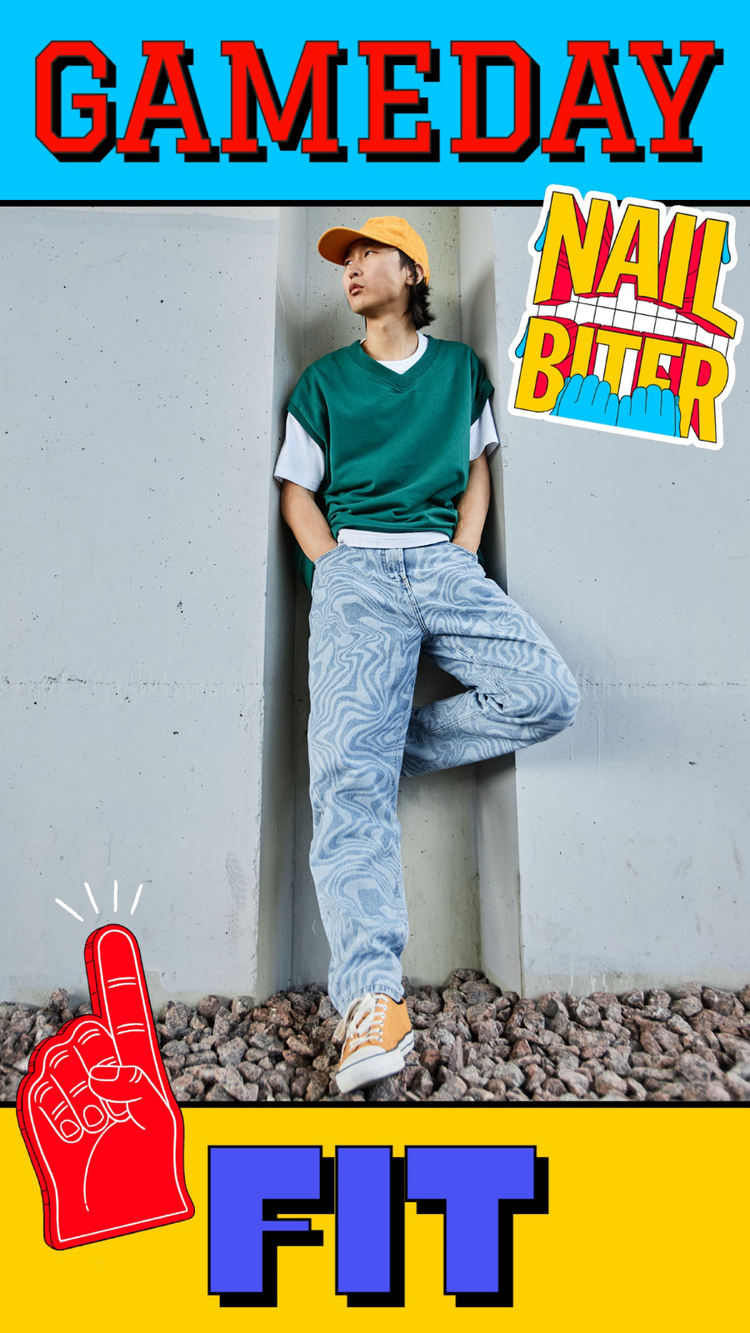 A social media influencer's post showing off their "gameday fit" with various graphics