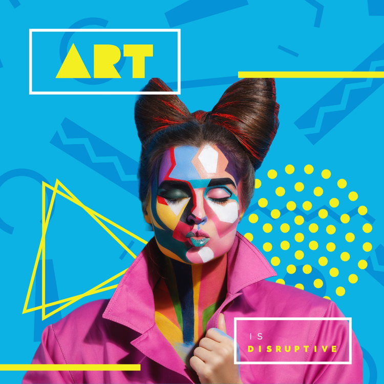 "Art is Disruptive" Instagram post of a person with their face painted in a graphic blocky pattern