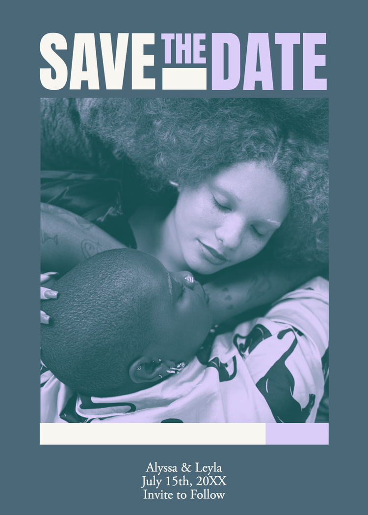 "Save the date" wedding card with a black and white overhead image of two people in each other's arms