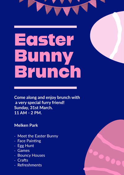 Easter bunny brunch invitation template in pink and dark blue